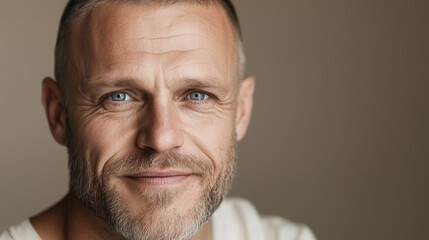 Fototapeta premium Smiling Mature Man with Light Beard and Blue Eyes