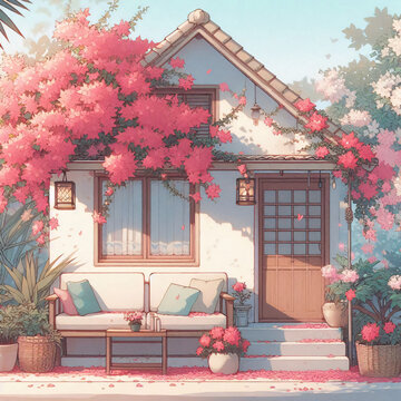 house with flowers. digital illustration.