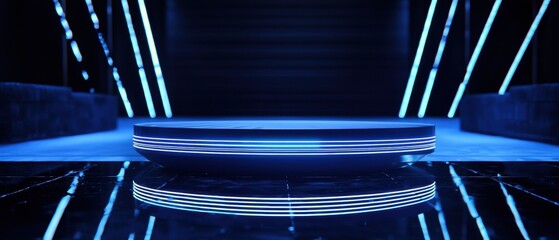 A blue and white stage with a blue pedestal in the center