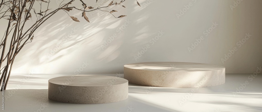Poster two round pedestals are placed in front of a tree, creating a sense of balance