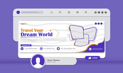 Travel Facebook Cover Facebook cover Design In Vector Illustrator Template for ads Travel social media Facebook cover, web banner Travel social media Banner Design with mockup template 