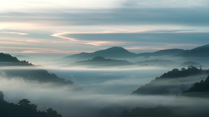 Morning Calm Misty Mountains, Lush Greenery, and a Soft Sunrise Glow