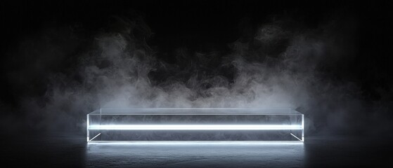 A foggy, dark room with a glass box in the middle