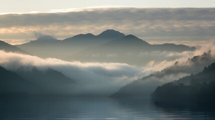 Obraz premium Peaceful Morning Misty Blue Mountains with Sunrise Clouds
