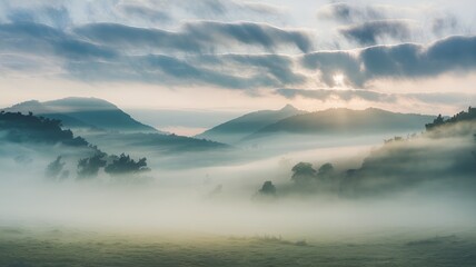 Obraz premium Peaceful Morning Misty Blue Mountains with Sunrise Clouds