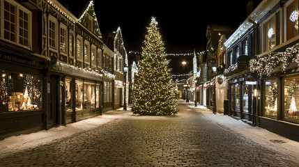 Fototapeta premium Vibrant colorful string lights brighten up a festive street during the holiday season creating a magical atmosphere for all to enjoy