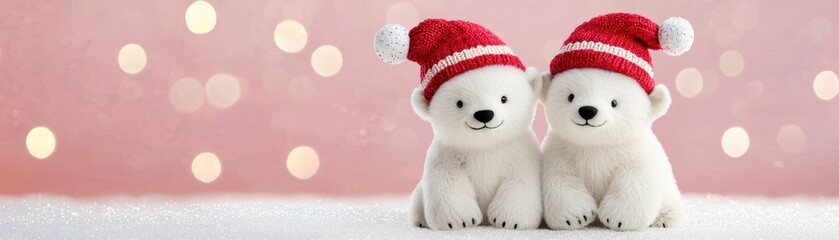 Two adorable polar bear cubs wearing festive red Christmas hats against a soft, sparkling pink background.