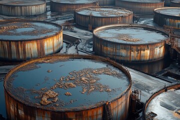 Fototapeta premium Morning light reflects off rippled surfaces of large industrial tanks at a storage facility