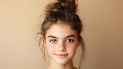 Smiling Girl with Bun Hairstyle and Calm Expression