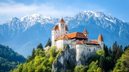 Fototapeta premium View of a medieval castle high in the mountains. Natural landscape with an old fortress. Ancient building. Example of medieval architecture