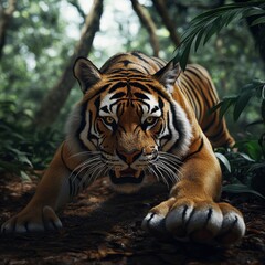 Obraz premium A tiger is shown in a forest, with its paws on the ground and its eyes looking forward. Concept of curiosity and determination, as the tiger appears to be exploring its surroundings