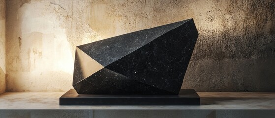 A black sculpture with a star on it sits on a shelf