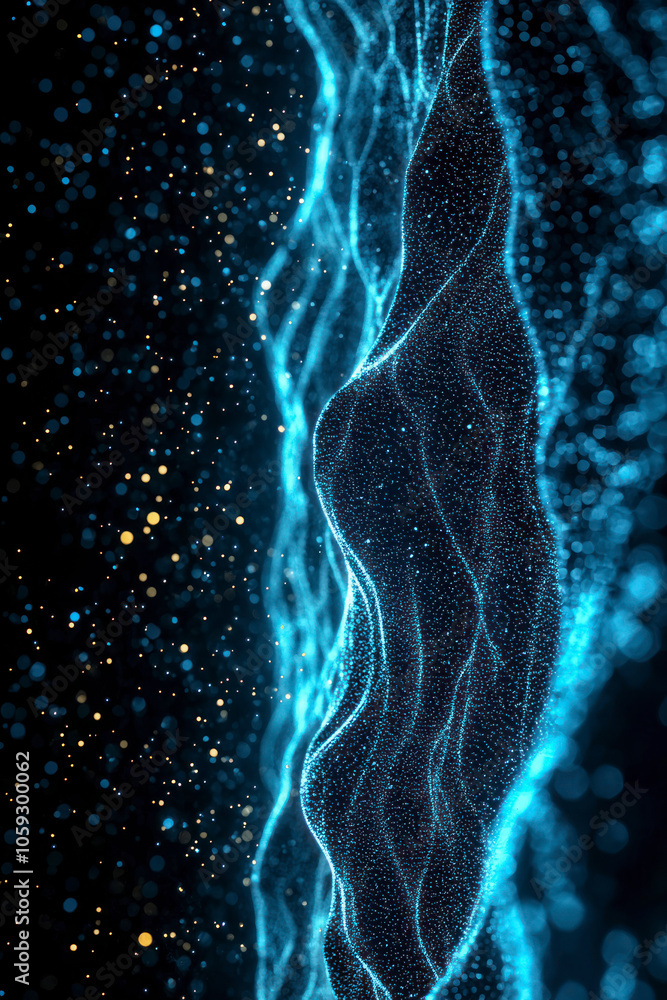 Poster vertical image of horizontal lines of blue particles and undulating 3d landscape on black background