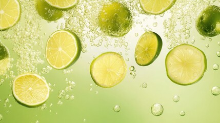 Bubbly Citrus Medley: Bright Lemon and Lime Slices Floating in Sparkling Water Against a Fresh Green Background