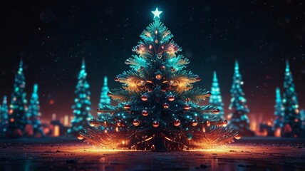 Obraz premium Brightly lit abstract Christmas tree with a dark, festive background