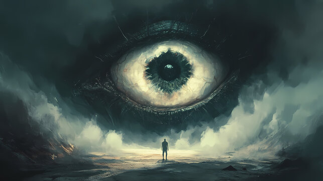 Cyclops eye, single vision, depth of a solitary gaze, encompassing focus, evening depth, giant s view. cyclops. illustration. Giant Cyclops. Illustration