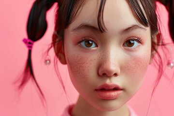 Fototapeta premium Portrait of young Asian woman with pigtails on pink background.