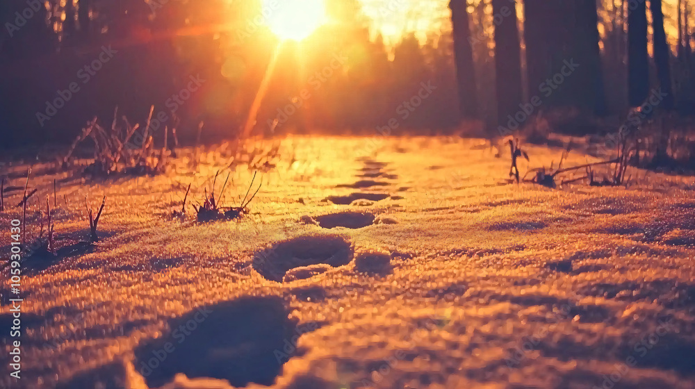 Poster intriguing snow-covered footprints leading through a mysterious forest at sunset whispering secrets 
