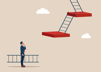 Confidence businessman holding ladder about to climb cross to higher cliff. Solution to solve problem, motivation for business growth, improvement or brave to overcome difficulty or obstacle.