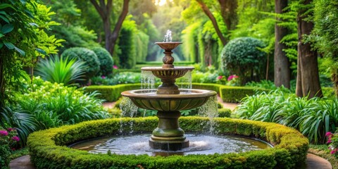 Tranquil garden fountain surrounded by lush greenery , fountain, garden, nature, water feature, relaxing, serene
