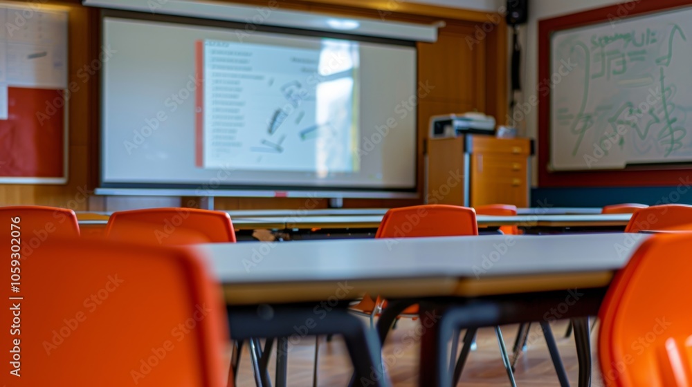 Poster orange chairs are neatly arranged on top of the student's desks inside an empty classroom with a pro