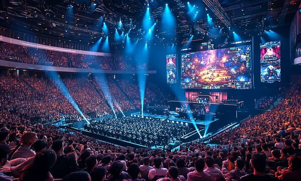 A vibrant esports arena filled with spectators and bright lights.