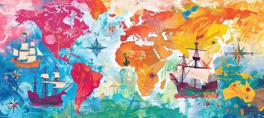 Obraz premium Columbus Day Art Poster with Colorful Ships and Maps for Children's Contest