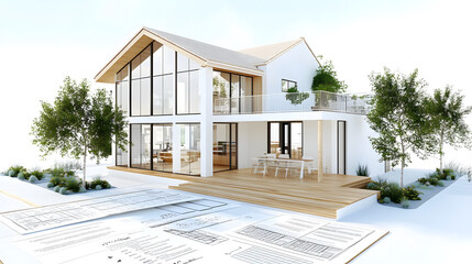 Modern house design with loan application documents and investment plans