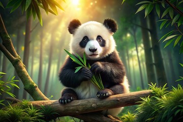 Obraz premium Cute Panda Eating Bamboo in Low Light Photography - Adorable Wildlife Scene on a Tree Branch and Rock