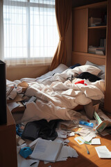 Disordered bedroom with scattered papers and unmade bed in soft afternoon light