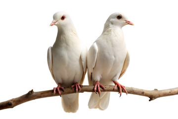 Pair of peaceful white doves sitting on branch, clear white backdrop.