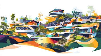 An illustration of a futuristic sustainable community with solar panels and modern architecture.