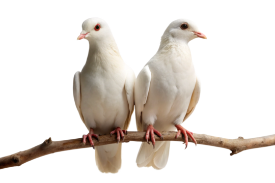 Pair of peaceful white doves sitting on branch, clear transparent backdrop, PNG