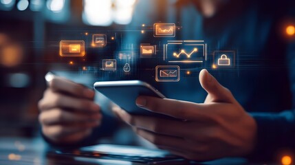  A businessman is utilizing a smartphone equipped with virtual icon.digital banking system encompasses internet-based payments and the concept of financial technology, commonly referred to as FinTech.