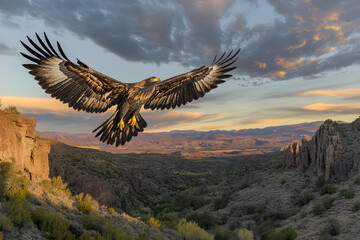 Majestic Eagle Soaring Above Wilderness at Sunset, Embodying Freedom and Strength in Awe-Inspiring Vivid Landscape