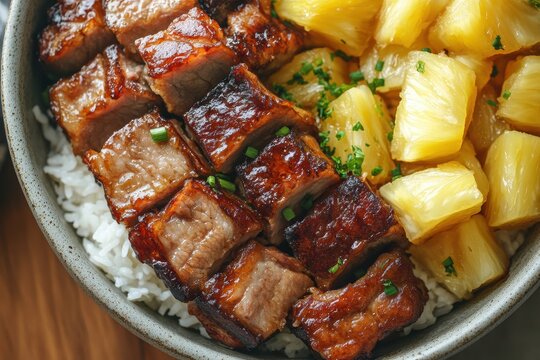 Top view close up of Filipino hamonado belly pork with pineapple and rice in a bowl