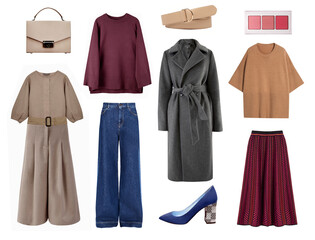 Beautiful clothes collage, women's clothing set. Autumn winter collage female garment. Girl's apparel isolated