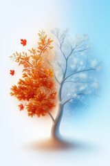 A vibrant tree illustrates the seasonal transition from autumn to winter in a calm setting