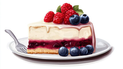 delicious slice of cake with fresh berries on top, perfect for sweet treat