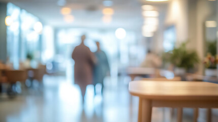 Blurry Hospital Corridor Scene with Figures and Furniture. Generative ai