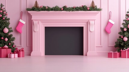 A festive pink-themed room with a decorated fireplace, Christmas stockings, and trees adorned with ornaments and gifts, creating a cozy holiday atmosphere.
