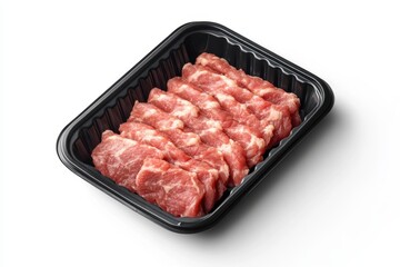 Top view of an opened plastic tray with fresh raw minced meat Mockup collection with a clipping path