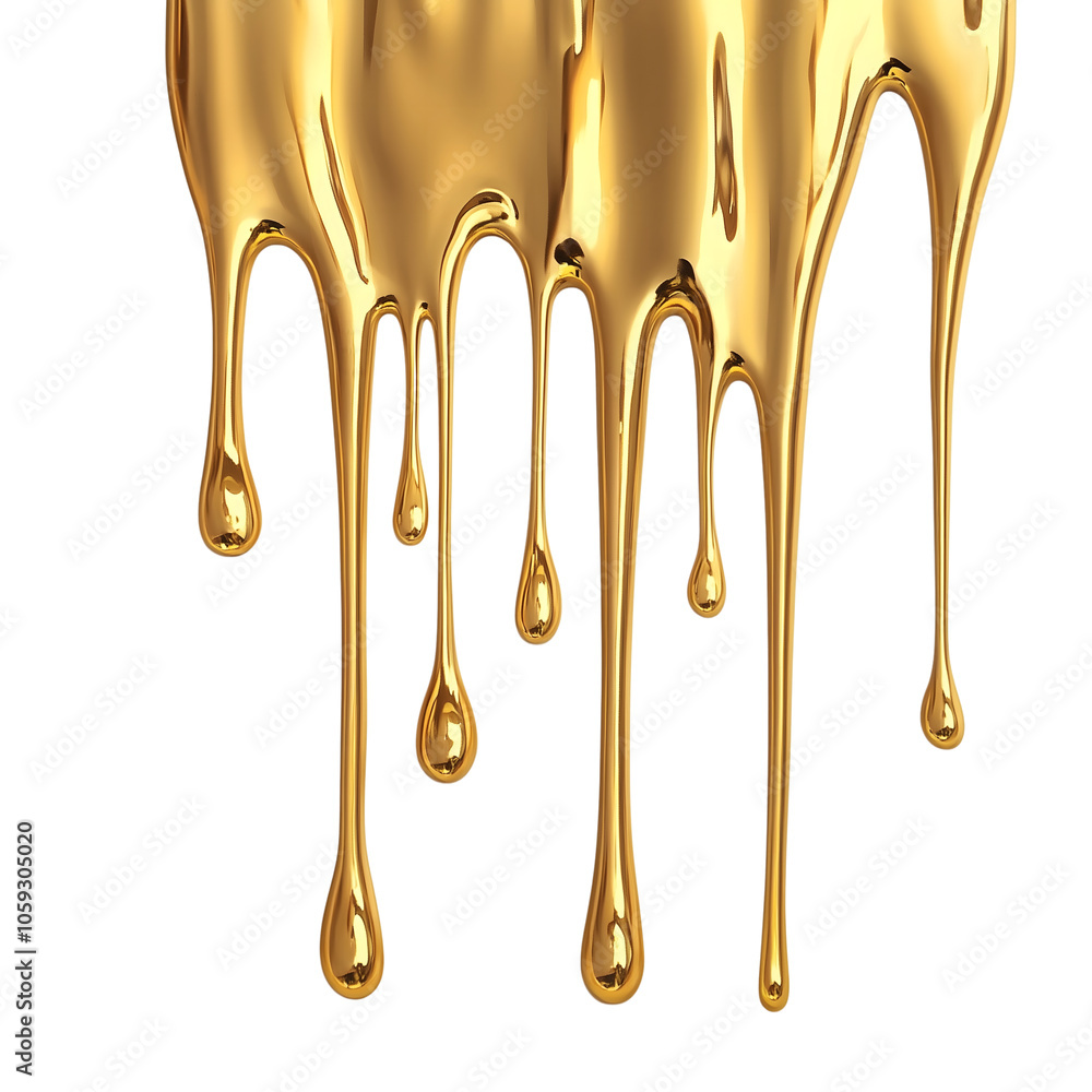 Poster golden liquid dripping isolated on transparent background generative ai.