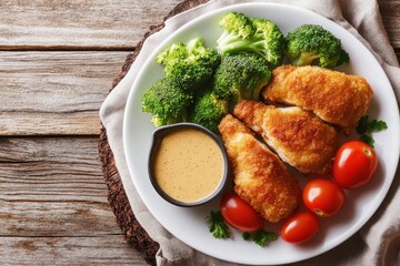 Top view of Chicken Cordon Bleu on a white plate with broccoli tomatoes and mustard cream sauce in a boat with empty space