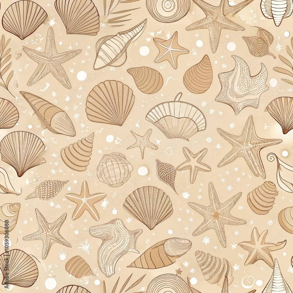 Poster seamless nautical pattern with seashells and starfish on beige background