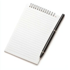 A blank notepad with lined pages next to a black pen, ideal for taking notes or jotting down ideas.
