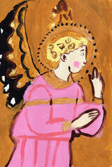 Angel in pink robe on golden background. Hand drawn gouache and acrylic painting