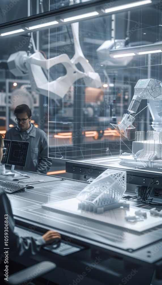 Poster futuristic 3d printing lab: high-tech engineering and advanced manufacturing concepts