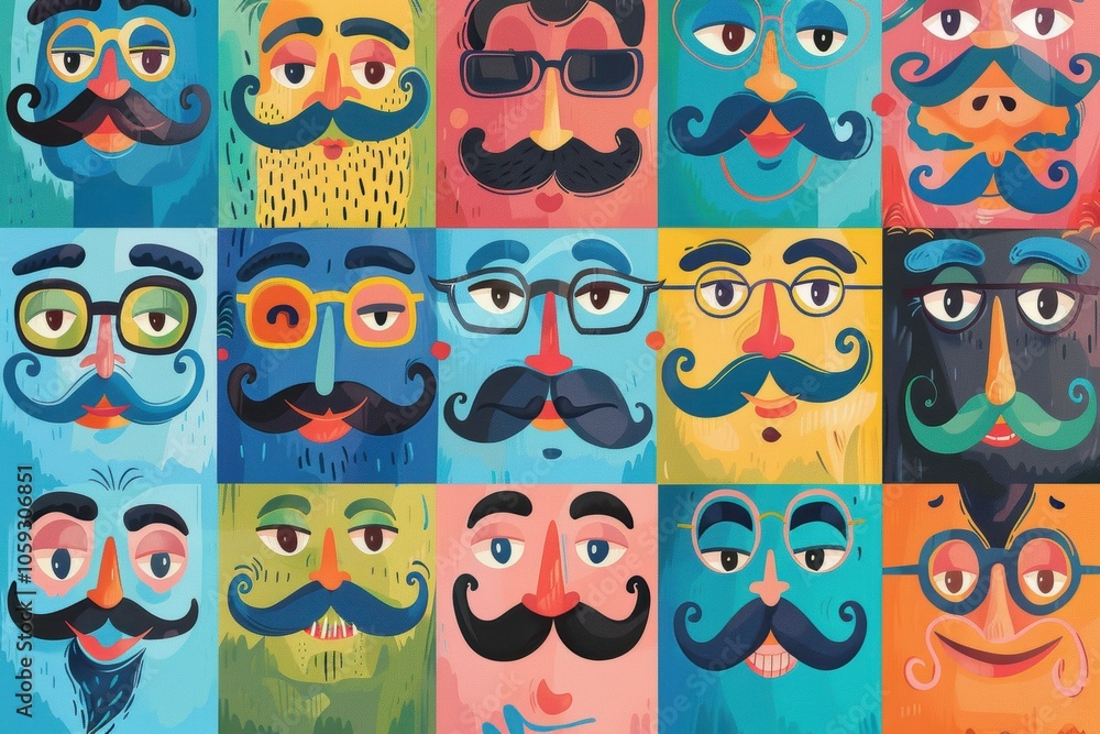 Aufkleber whimsical cartoon characters with unique mustache styles for playful design use