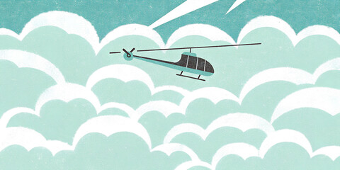 Retro Helicopter Flying Above Clouds in Vintage Sky